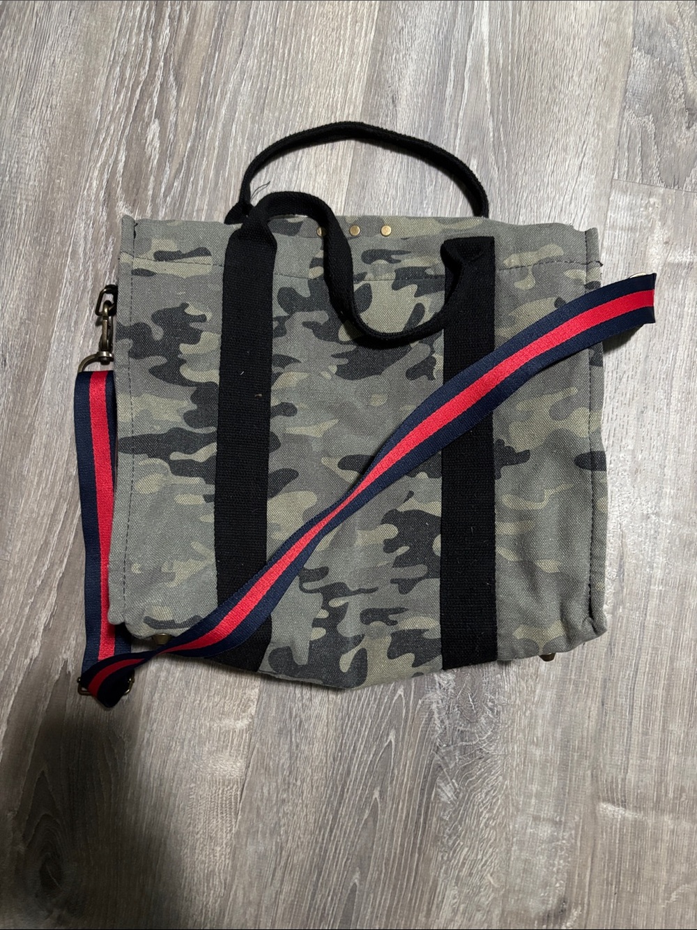 Camouflage Canvas Tote Bag with Striped Shoulder Strap